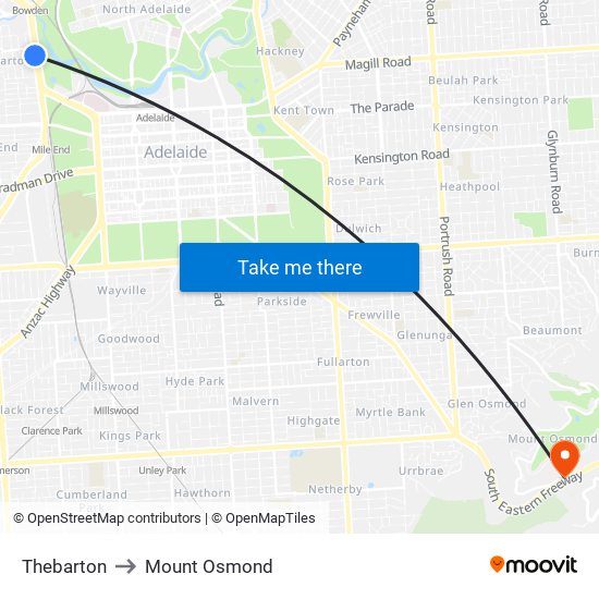 Thebarton to Mount Osmond map