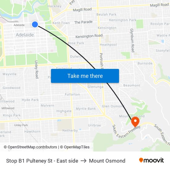 Stop B1 Pulteney St - East side to Mount Osmond map