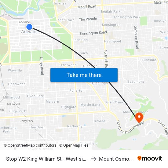 Stop W2 King William St - West side to Mount Osmond map