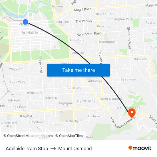 Adelaide Tram Stop to Mount Osmond map