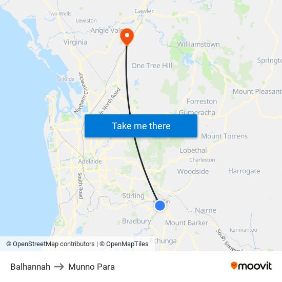Balhannah to Munno Para map
