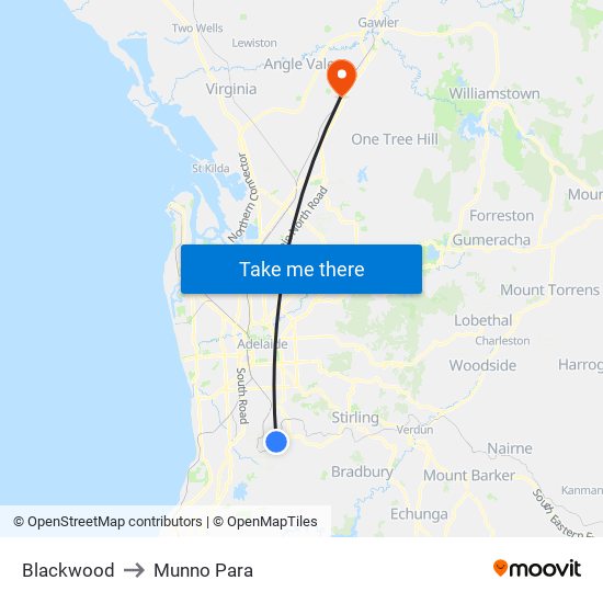 Blackwood to Munno Para map