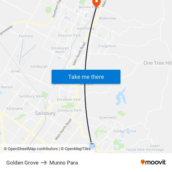 Golden Grove to Munno Para map