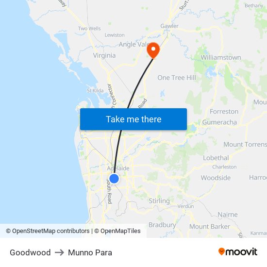Goodwood to Munno Para map