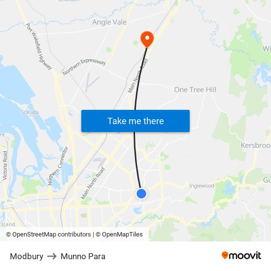 Modbury to Munno Para map