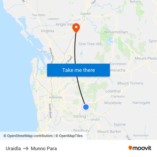 Uraidla to Munno Para map