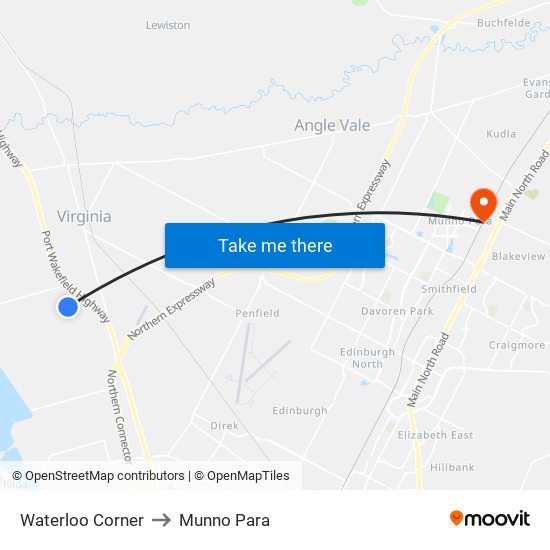 Waterloo Corner to Munno Para map