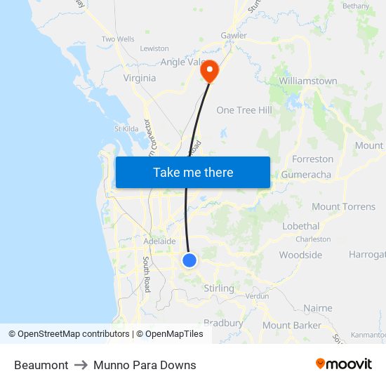 Beaumont to Munno Para Downs map