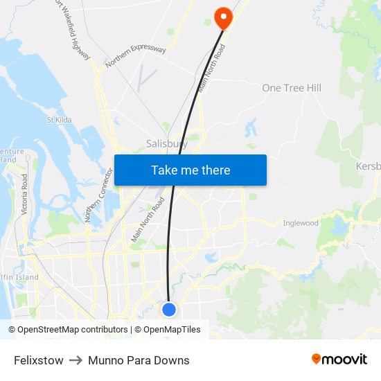 Felixstow to Munno Para Downs map