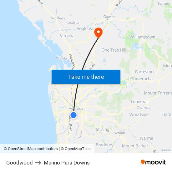 Goodwood to Munno Para Downs map