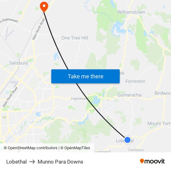 Lobethal to Munno Para Downs map