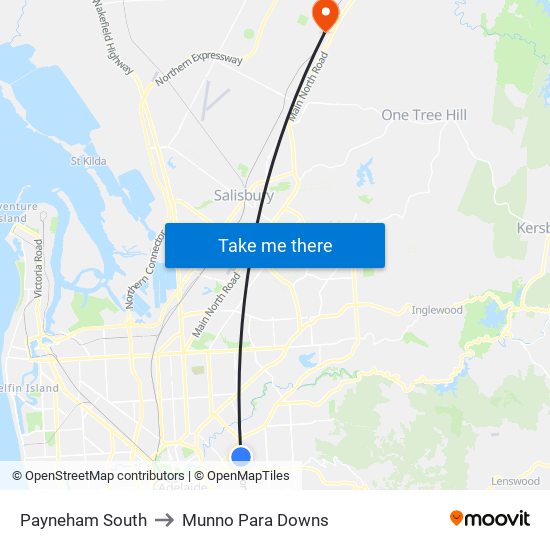 Payneham South to Munno Para Downs map