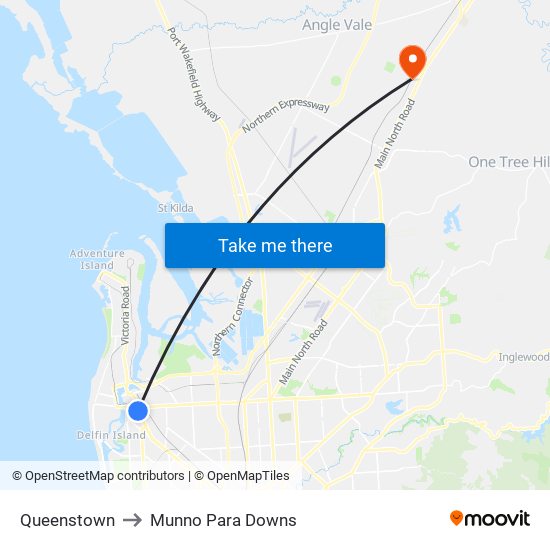 Queenstown to Munno Para Downs map