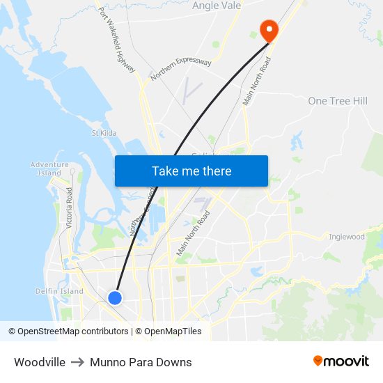 Woodville to Munno Para Downs map