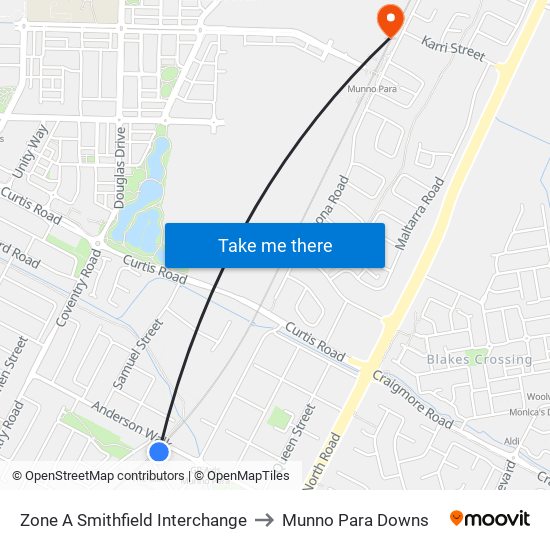 Zone A Smithfield Interchange to Munno Para Downs map