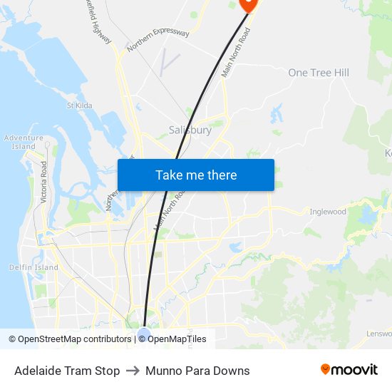 Adelaide Tram Stop to Munno Para Downs map