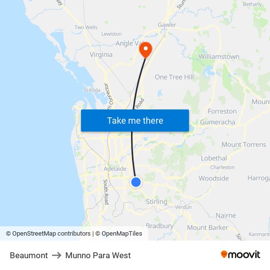 Beaumont to Munno Para West map