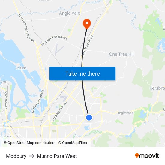 Modbury to Munno Para West map