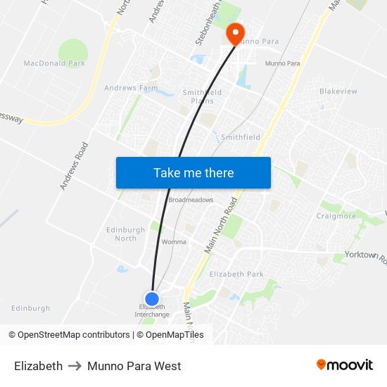 Elizabeth to Munno Para West map