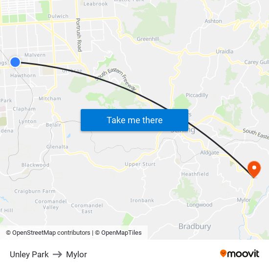 Unley Park to Mylor map