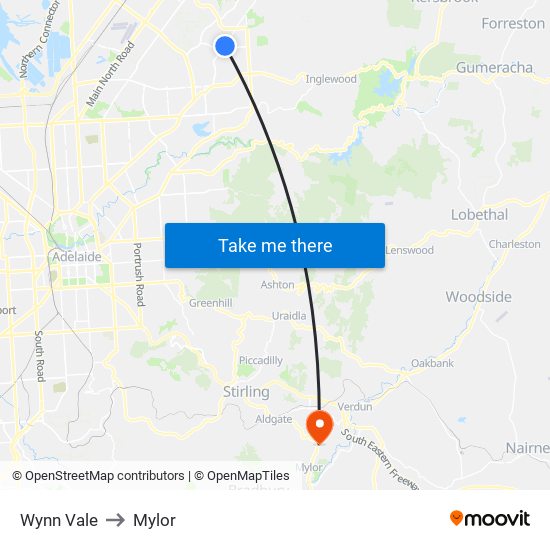 Wynn Vale to Mylor map