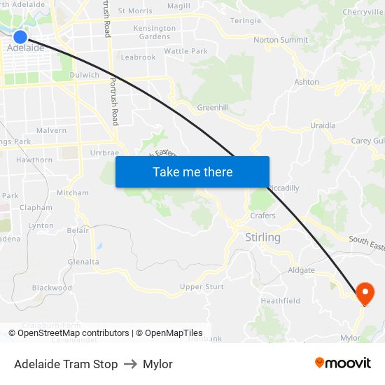 Adelaide Tram Stop to Mylor map