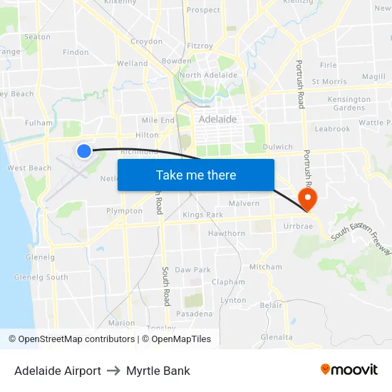 Adelaide Airport to Myrtle Bank map