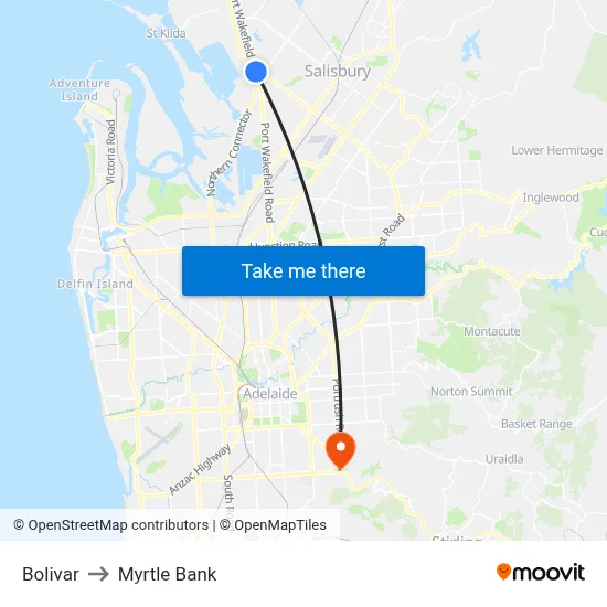 Bolivar to Myrtle Bank map