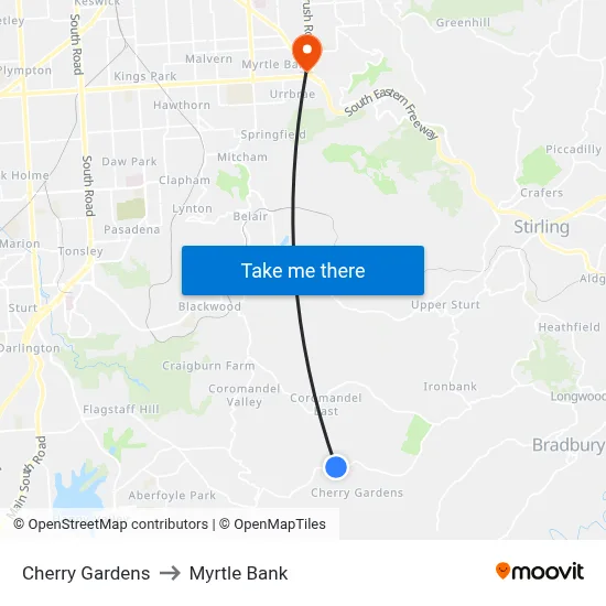 Cherry Gardens to Myrtle Bank map