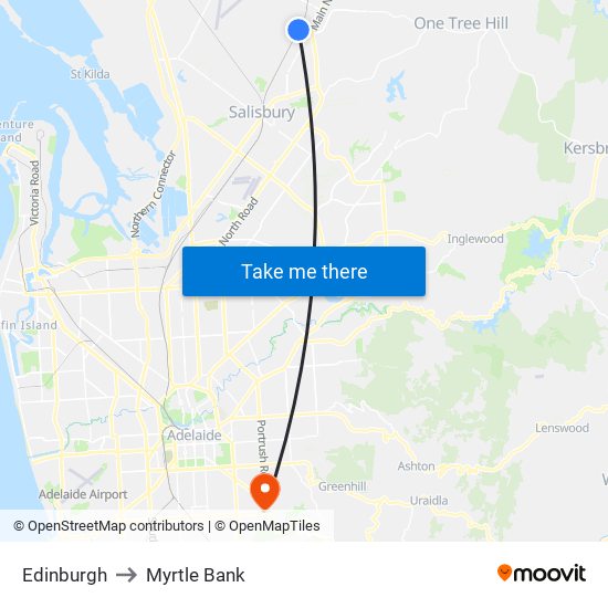 Edinburgh to Myrtle Bank map