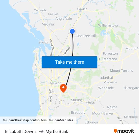 Elizabeth Downs to Myrtle Bank map