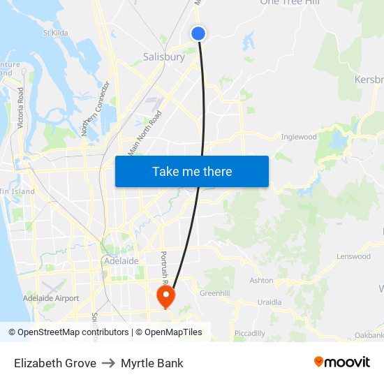 Elizabeth Grove to Myrtle Bank map