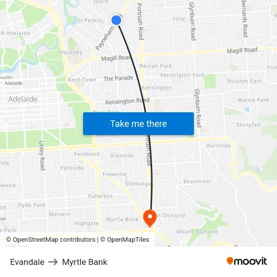 Evandale to Myrtle Bank map