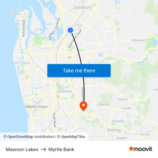 Mawson Lakes to Myrtle Bank map
