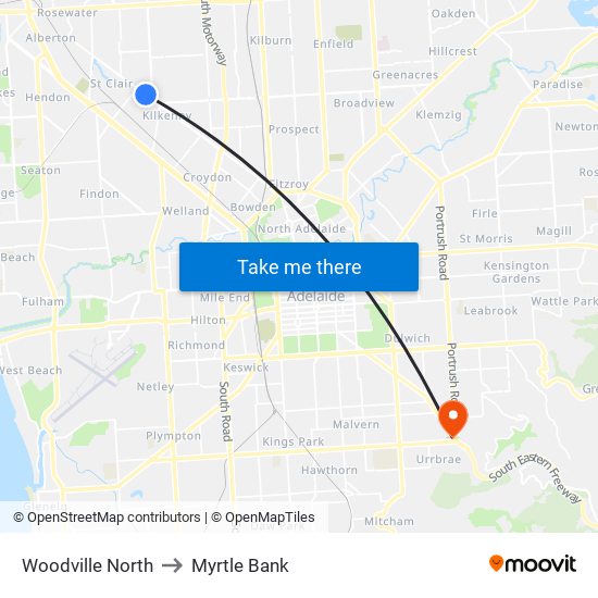 Woodville North to Myrtle Bank map