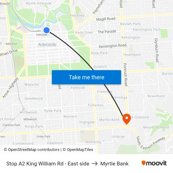 Stop A2 King William Rd - East side to Myrtle Bank map