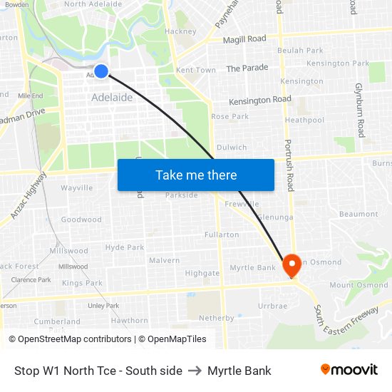 Stop W1 North Tce - South side to Myrtle Bank map