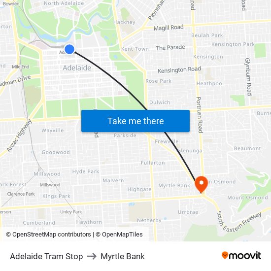 Adelaide Tram Stop to Myrtle Bank map