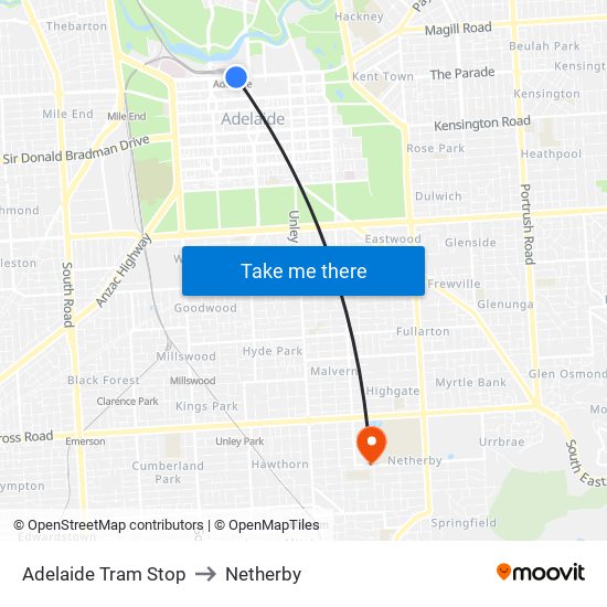 Adelaide Tram Stop to Netherby map