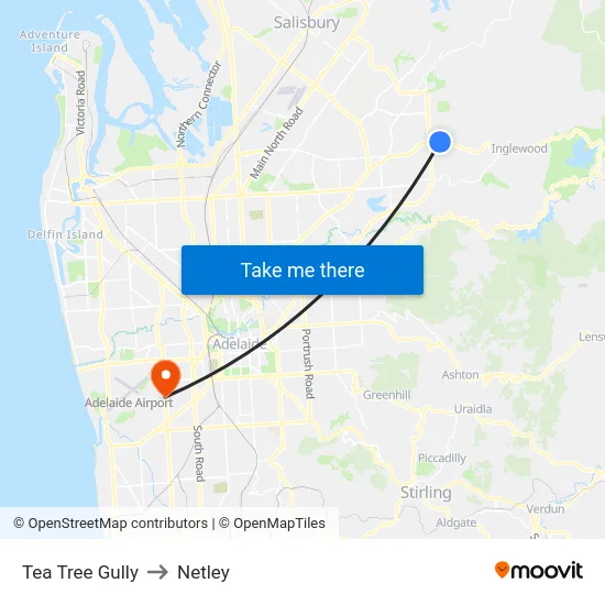 Tea Tree Gully to Netley map