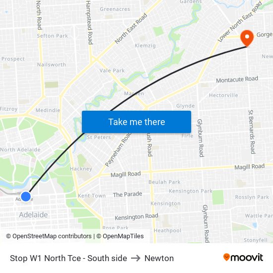 Stop W1 North Tce - South side to Newton map