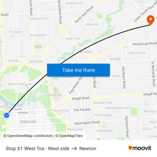 Stop X1 West Tce - West side to Newton map