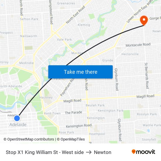 Stop X1 King William St - West side to Newton map