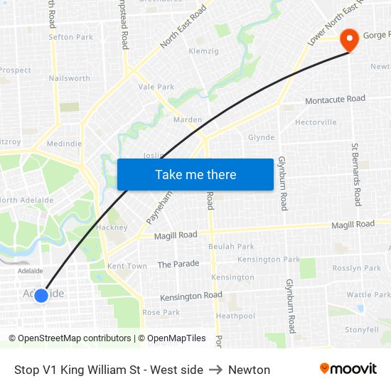 Stop V1 King William St - West side to Newton map