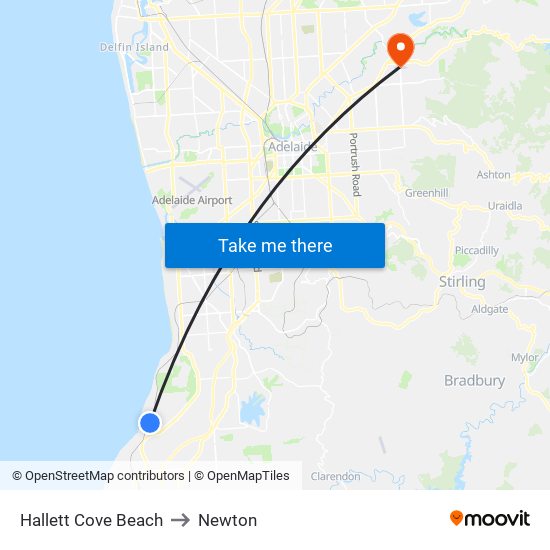 Hallett Cove Beach to Newton map