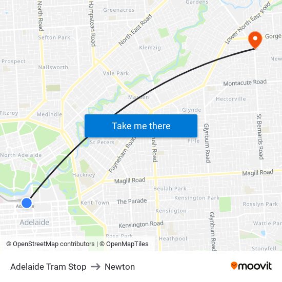 Adelaide Tram Stop to Newton map