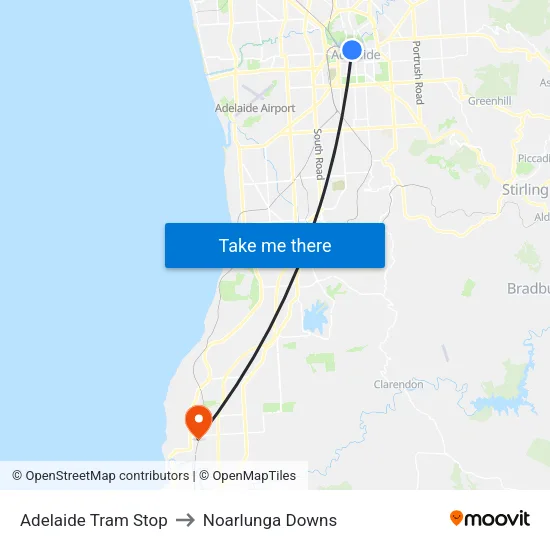 Adelaide Tram Stop to Noarlunga Downs map