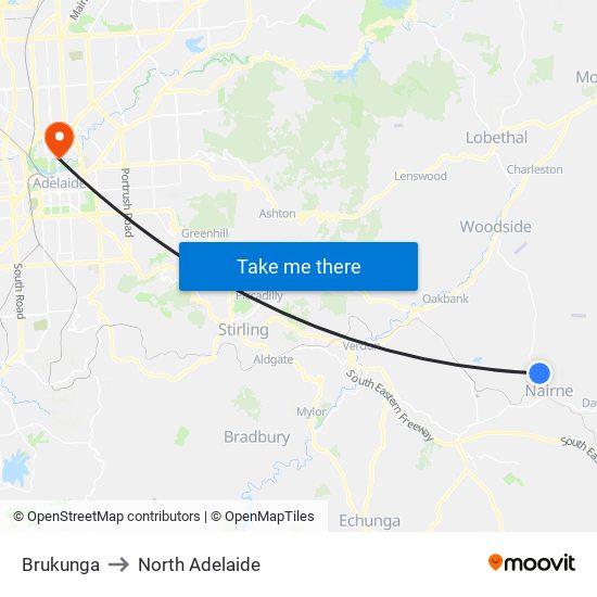 Brukunga to North Adelaide map