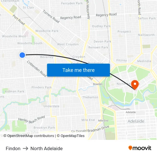Findon to North Adelaide map