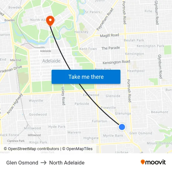 Glen Osmond to North Adelaide map